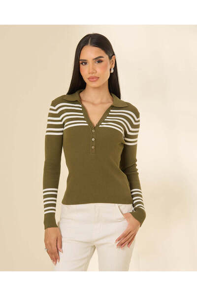 REDTAG Girls Olive Striped Knitted Polo Top