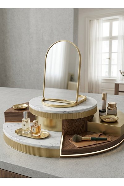 Yaku Gold Renk Çerçeveli Taşınabilir Masa Aynası - Dekoratif Masaüstü Kemer T...