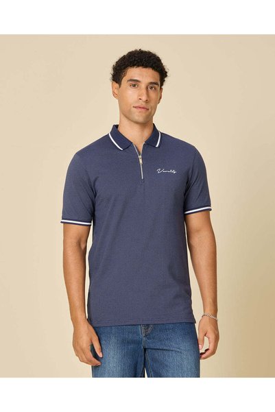 REDTAG Men Blue Jacquard Zip Polo Shirt