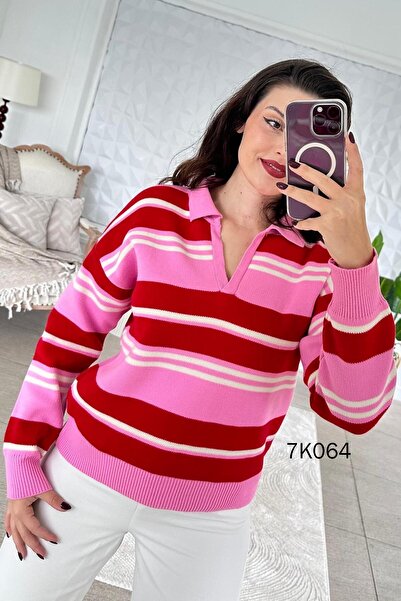 İnce Topuk Polo Collar Thick Striped Knitwear Blouse 7K064