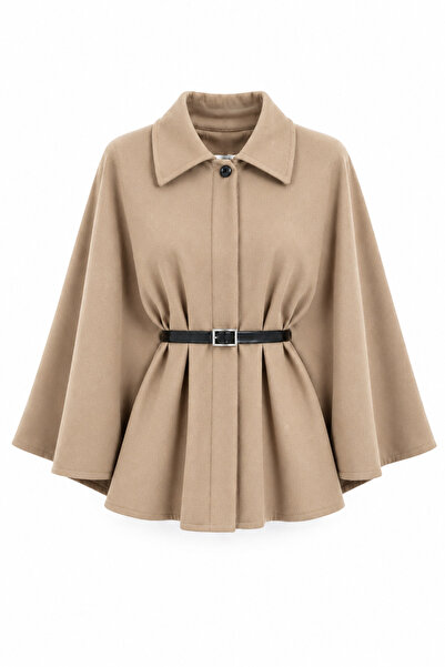 SevdeUgur Belted Women's Wool Knitted Poncho - Camel - Sevde Ugur