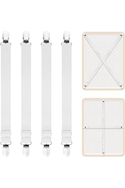 AUAUY 2PCS Extended Bed Sheet Clips, Adjustable Straps-White, 4 Clips