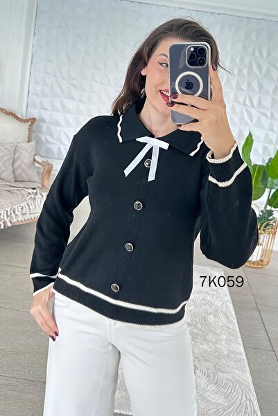 İnce Topuk Button Detail Bowknot Knitwear Blouse 7K059