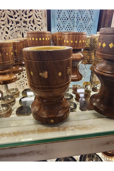 Generic Brand مبخرة خشب كأس عالية بتطعيمات نحاسية وحوض معدني - مبخرة عود وبخو...