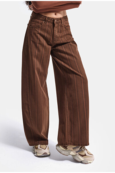 it's basic Kadın 6w6-CD4-81 Barrel Fit Kahve Çizgili Denim Jean
