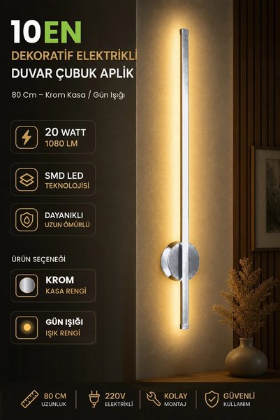 10EN 80 Cm Baston Duvar Aplik 20W Krom Kasa Gün Işığı Elektrikli Çubuk Aplik ...
