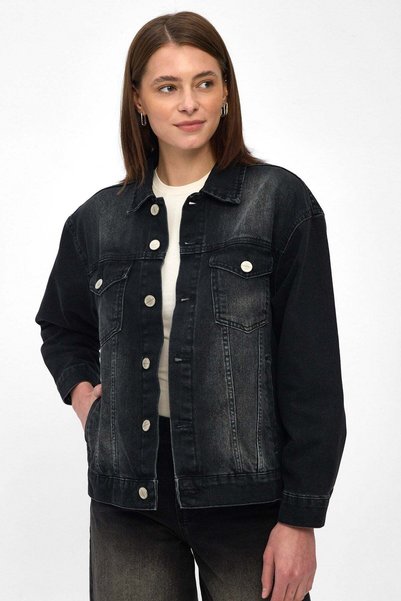 Denim Date Kadın Siyah Klasik Rahat Kalıp Denim Jean Kot Ceket