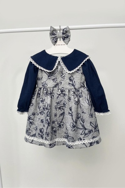 Bertuğ Bebek Navy Blue Gray Floral Patterned Cotton Winter Casual Girl's Baby Dress