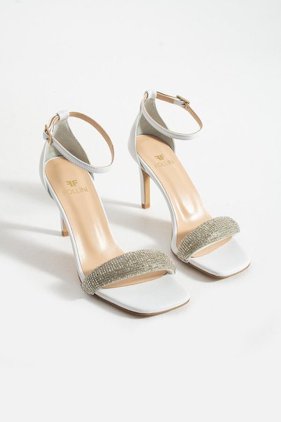 FOLLİNİ Women's Genuine Leather Evening Dress Shoes with White Silver Stones