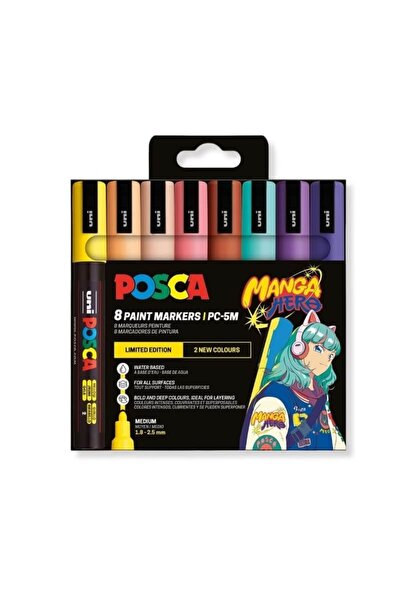 POSCA Marker PC-5M Posca,set 8 culori, 18-25 mm, varf rotund, Manga Hero