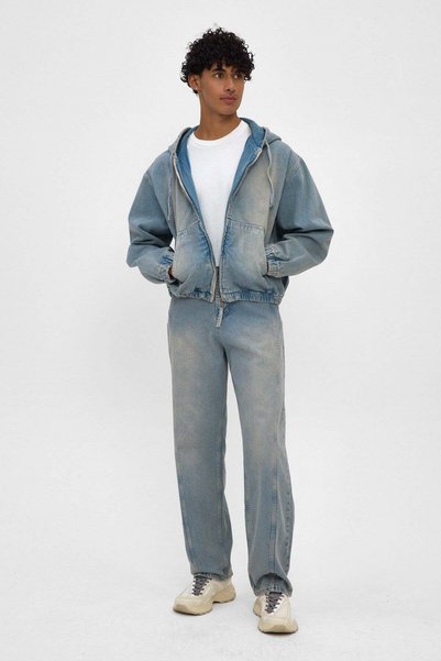 Denim Date Erkek Açık Mavi Kapüşonlu Ice Fade Yıkamalı Rahat Kalıp Denim Jean...