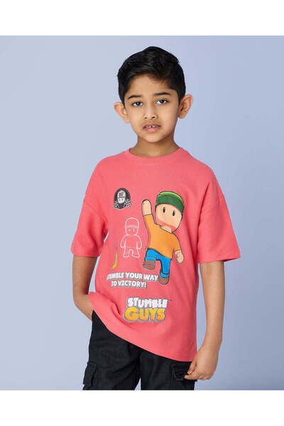 REDTAG Boys Red Stumble Guys Over Sized Printed T-Shirt
