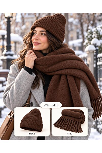 Wearflawless Set de 2 piese pentru femei, eșarfă maro pufoasă și căciulă cu ș...