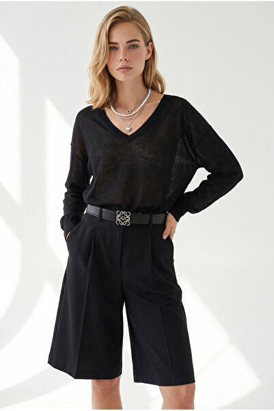Olalook Women's Black V-Neck Transparent Loose Knitwear Blouse Blz-19003451