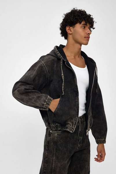 Denim Date Erkek Siyah Kapüşonlu Asit Yıkamalı Fermuarlı Rahat Kalıp Denim Je...