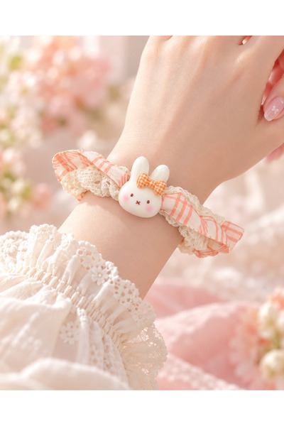 Genel Markalar Tavşan Figürlü Lastik Saç Tokası Ekose Dantelli Scrunchie Kız ...