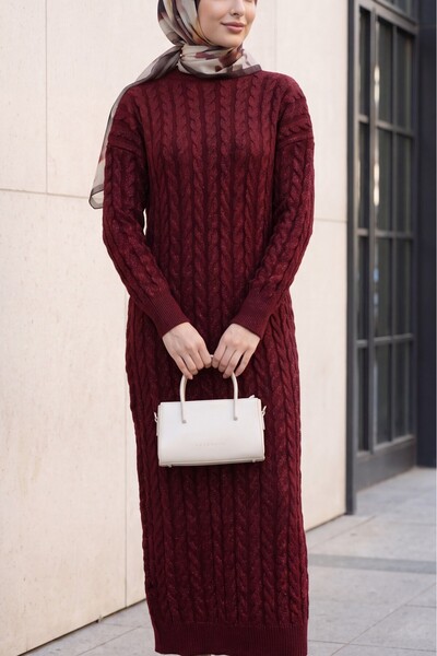 HİJABAYA Rochie din tricotaj cu model, cu sclipici, tip coș - Roșu Claret