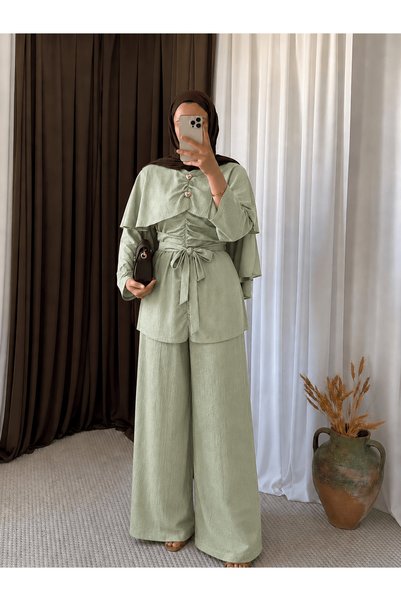 Hepsi Moda Cape and Drawstring Detailed Trousers Set - 3258 - Green
