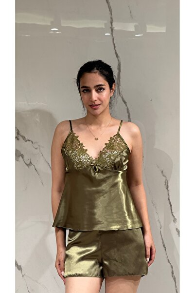 DAWN LİNE 6 Pieces Khaki Green Women's Lace Satin Nightgown Dressing Gown Set...