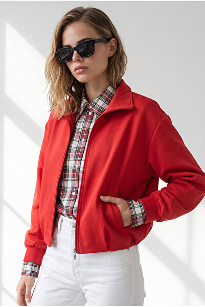Olalook Women's Red Zippered Lined Bomber Jacket with Hidden Pockets Ckt-1900...