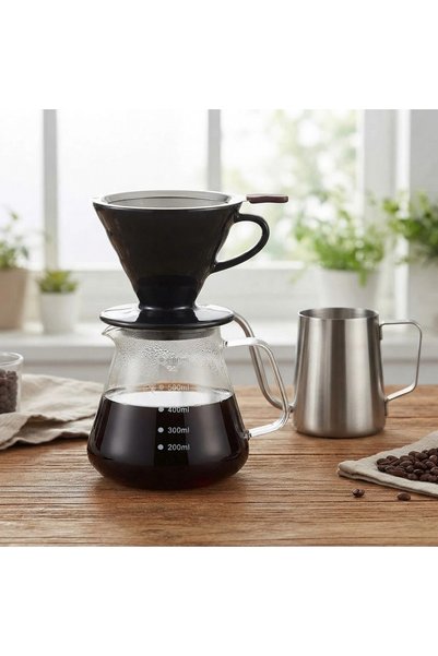 artizanmutfak V60 Black Ceramic Filter Coffee Brewing Set Steel Kettle and St...