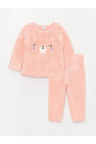 LC Waikiki Pink Crew Neck Long Sleeve Embroidered Plush Baby Girl Pajama Set