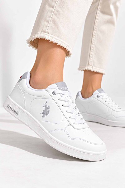U.S. Polo Assn. حذاء رياضي نسائي أبيض - حذاء رياضي يومي برباط ونعل مسطح