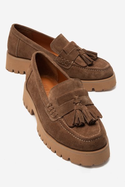 LuviShoes POEN Toprak Süet Hakiki Deri Püsküllü Kadın Loafer Ayakkabı
