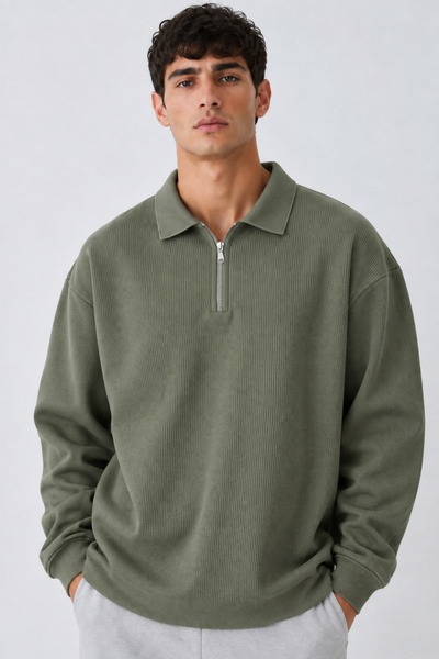DAMGA JEANS Pulover verde pentru bărbați, supradimensionat, cu fermoar și guler