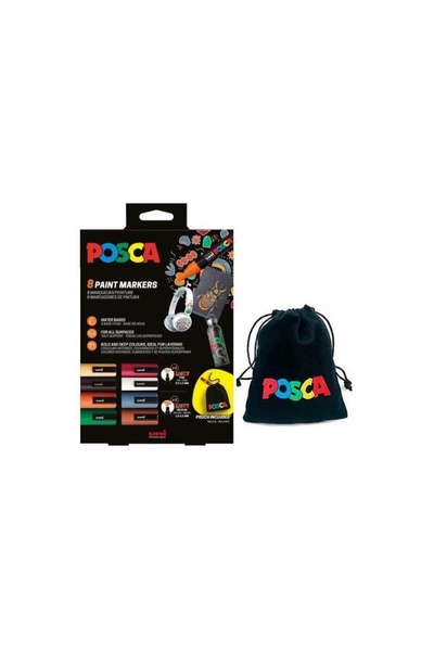 POSCA Marker 4xPC-5M si 4xPC-3M Posca, varf rotund, cutie carton + saculet te...