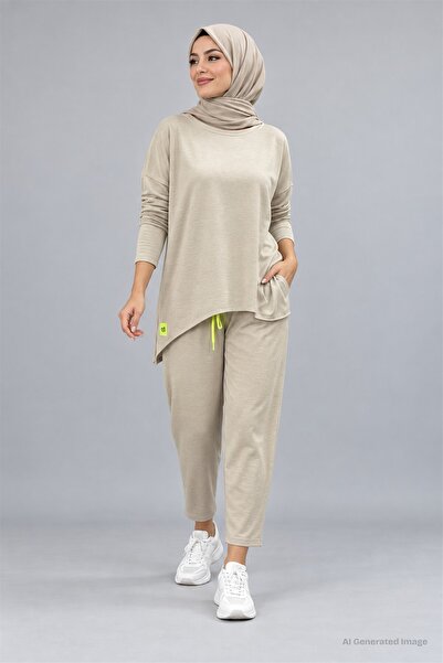 moda wanilia Women's Long Sleeve Asymmetrical Tunic and Waist-Tie Pants Set w...