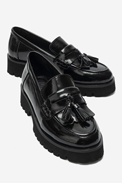 LuviShoes POEN Siyah Rugan Hakiki Deri Püsküllü Kadın Loafer Ayakkabı