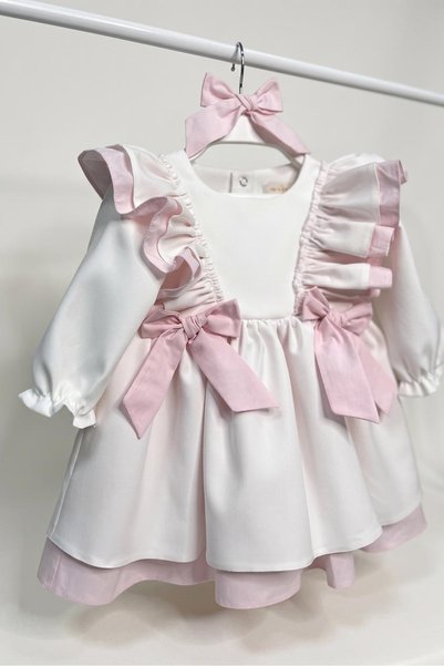 Bertuğ Bebek Pink Ruffles and Bow Detail White Crepe Girls' Baby Dress