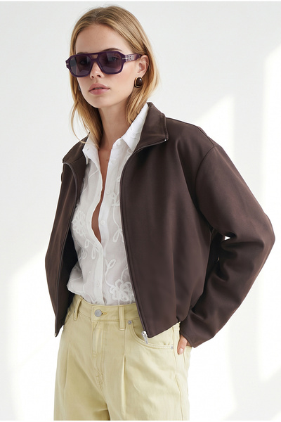Olalook Women's Brown Zippered Lined Bomber Jacket with Hidden Pockets Ckt-19...