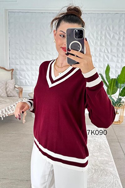 İnce Topuk V-Neck Collar Striped Knitwear Blouse 7K090