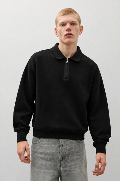 DAMGA JEANS Pulover negru pentru bărbați, cu croială relaxată și fermoar