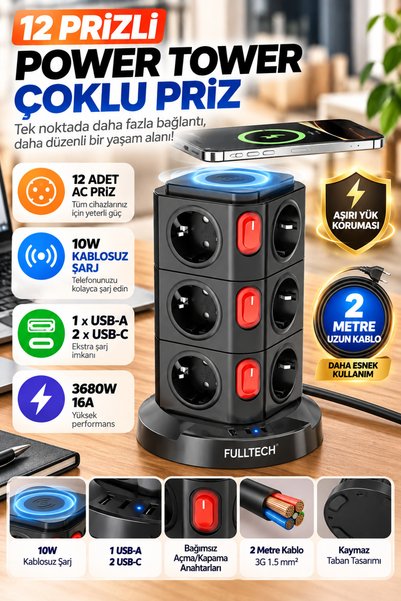 Kılıforyum FTR-15 Power Tower 12’li Akım Korumalı Kule Priz 3680W 16A 10W Kab...