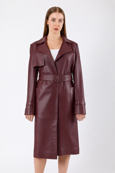 Leather Club Bordo Uzun Trench Hakiki Deri Kaban