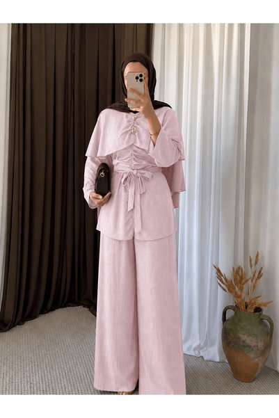 Hepsi Moda Cape and Drawstring Detailed Trousers Set - 3258 - Pink