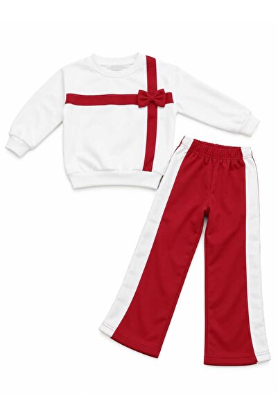 Generic Brand Compleu fete alb-roșu 2 piese cu fundiță și pantaloni evazați