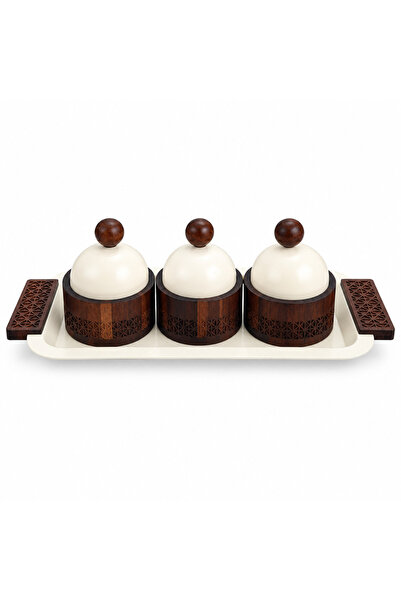 AKDC 3-Piece Wooden Candy Bowl Set with Metal Tray Brown and Cream - 40×18cm