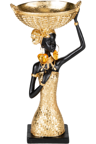 Herdekora Dekoratif Biblo Sepet Taşıyan Afrikalı Kadın Gold-Siyah 15x28,5 Cm.