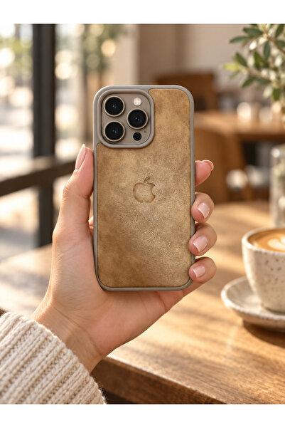 iPhone 15 Pro Uyumlu Suni Deri Dış Yüzeyli, Süet İç Astarlı Telefon Kılıfı