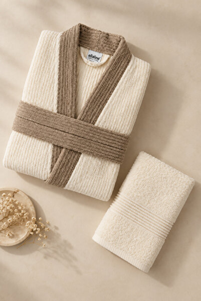 Ellaline 2 Piece Men's Kimono Robe Set 100% Cotton Certified Striped Contrast Men's Robe Set - Cream