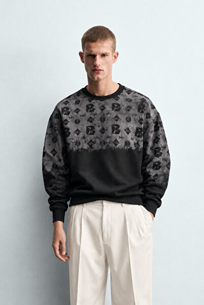 king brich Men's Geometric Pattern Printed Crew Neck Oversize Sweatshirt