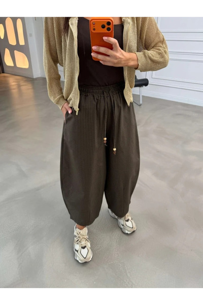 My Blog Olive-Brown Plaid Trousers with Elastic Waist - 51473