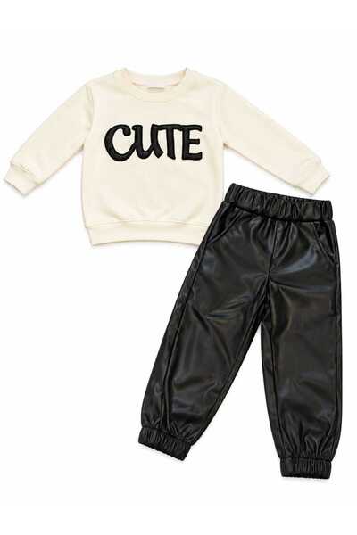 Generic Brand Compleu fete CUTE 2 piese cu bluză crem și pantaloni negri efec...