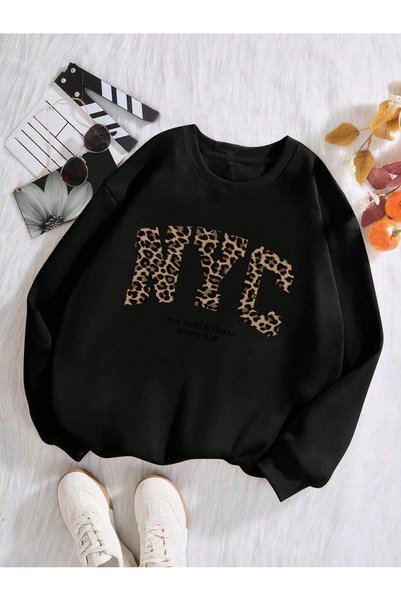 MITHRAS OUTDOORS Unisex Nyc Leopard Printed Printed Crew Neck Sweatshirt Prin...