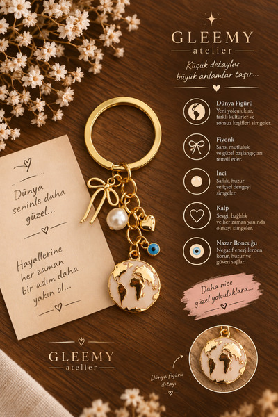 Gleemy accesories Dünya Figürlü, Fiyonk ve İncili, Nazar Boncuklu Lüks Tasarı...