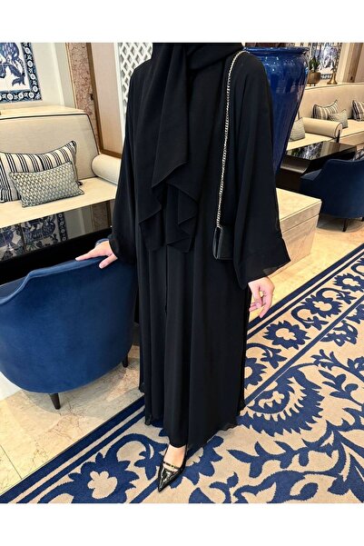 almila şallı şifon abaya uzun kol önden gizli çıtçıtlı çift kat şifon 1.kalite premium abaya